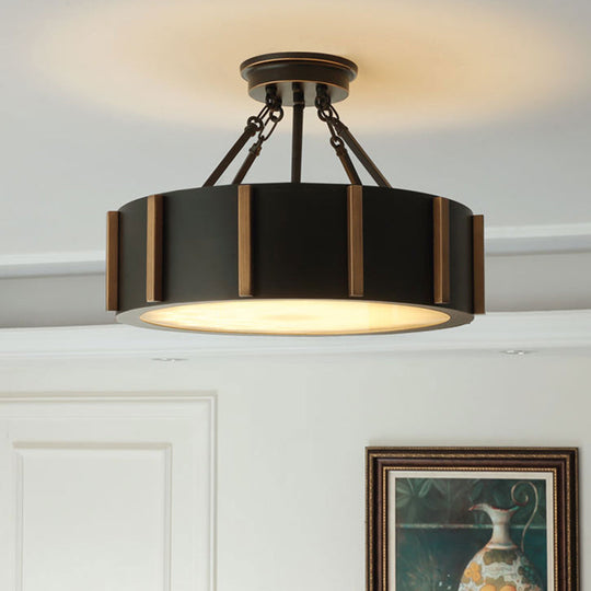 Rustic LED Semi Flush Drum Light - Warm Black Metallic Close-to-Ceiling Fixture, 18" Width