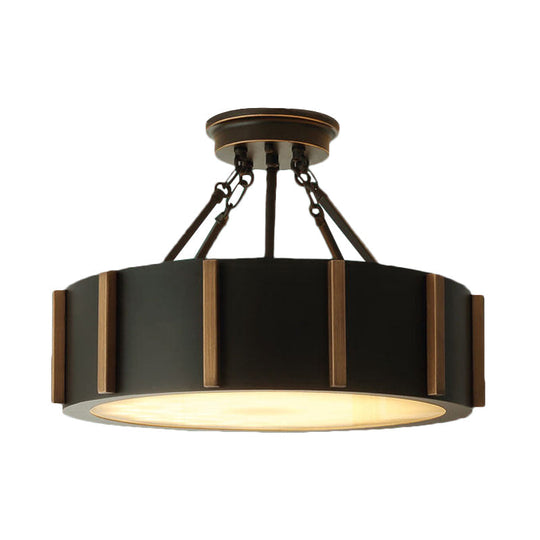 Rustic LED Semi Flush Drum Light - Warm Black Metallic Close-to-Ceiling Fixture, 18" Width