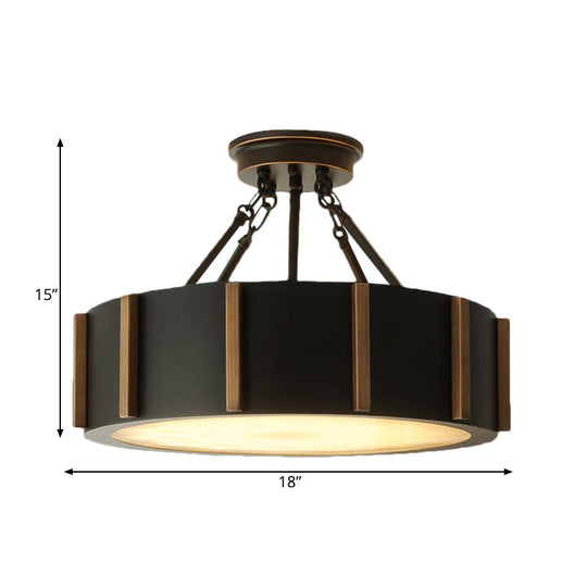 Rustic Black Metallic Led Semi Flush Drum Light Fixture With Warm Glow Close To Ceiling