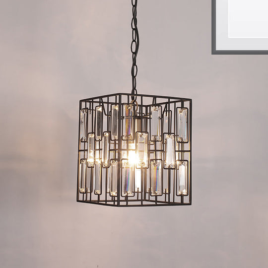 Black Cuboid Pendant Lamp - 8"/10"/12.5" Width - Traditional Metallic Ceiling Light with Crystal Icicle - 1 Bulb