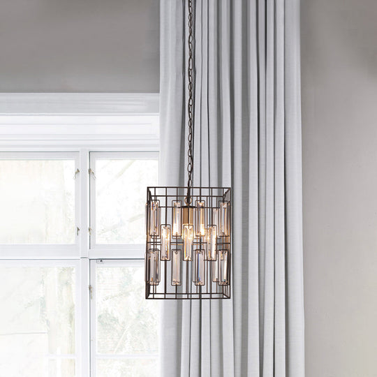 Black Cuboid Pendant Lamp - 8"/10"/12.5" Width - Traditional Metallic Ceiling Light with Crystal Icicle - 1 Bulb