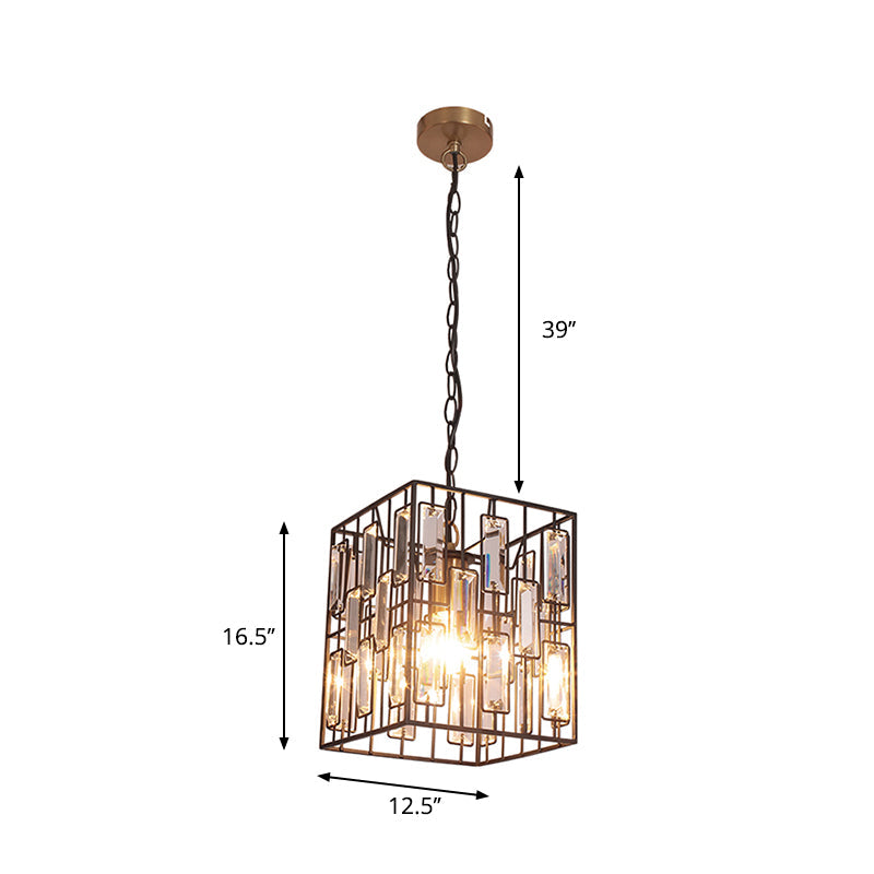 Black Cuboid Pendant Lamp - 8"/10"/12.5" Width - Traditional Metallic Ceiling Light with Crystal Icicle - 1 Bulb