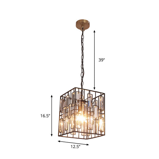 Black Cuboid Pendant Lamp - 8"/10"/12.5" Width - Traditional Metallic Ceiling Light with Crystal Icicle - 1 Bulb