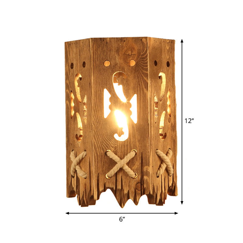 Rustic Wood Cylinder Shade Wall Lamp - 1 Head Brown Sconce For Restaurants