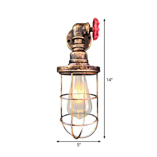 Farmhouse Wire Frame Corridor Wall Sconce With Red Valve Design In Antique Brass/Black