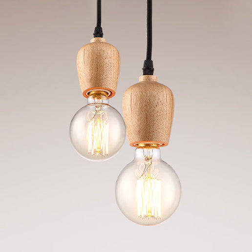 Loft Style Wooden Cap Pendant Light With Exposed Bulb And Adjustable Cord For Living Room - 1 Head