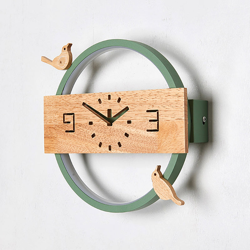 Ring Led Sconce Light With Wooden Clock | Bird Deco Kids Acrylic Wall Lamp