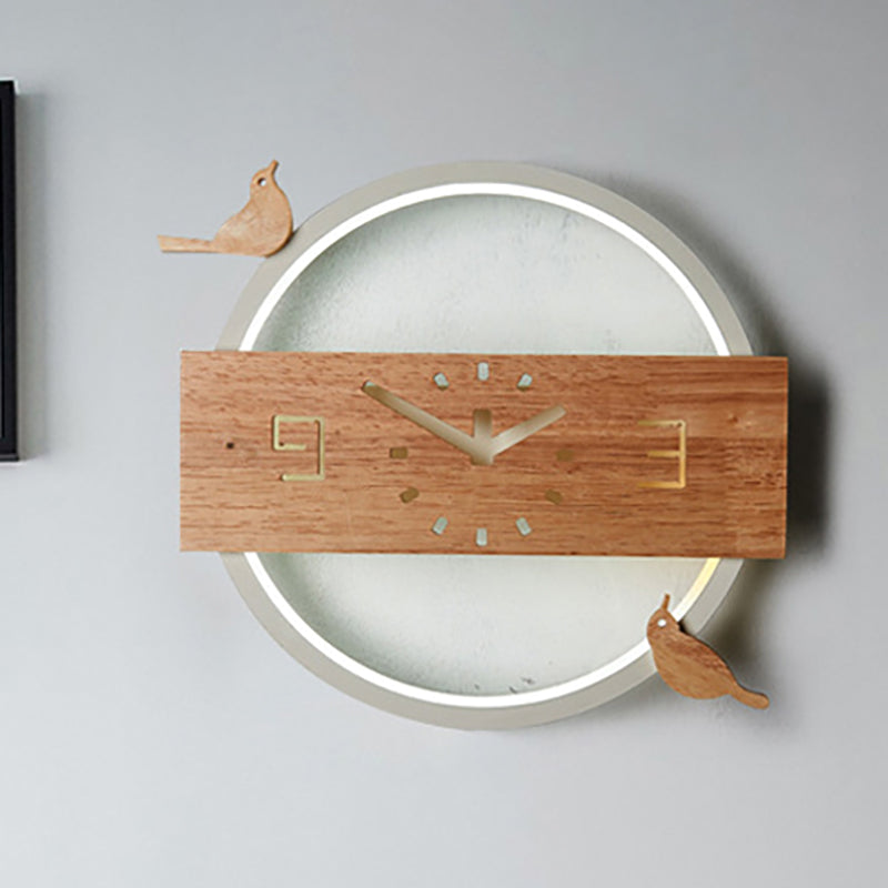 Ring Led Sconce Light With Wooden Clock | Bird Deco Kids Acrylic Wall Lamp