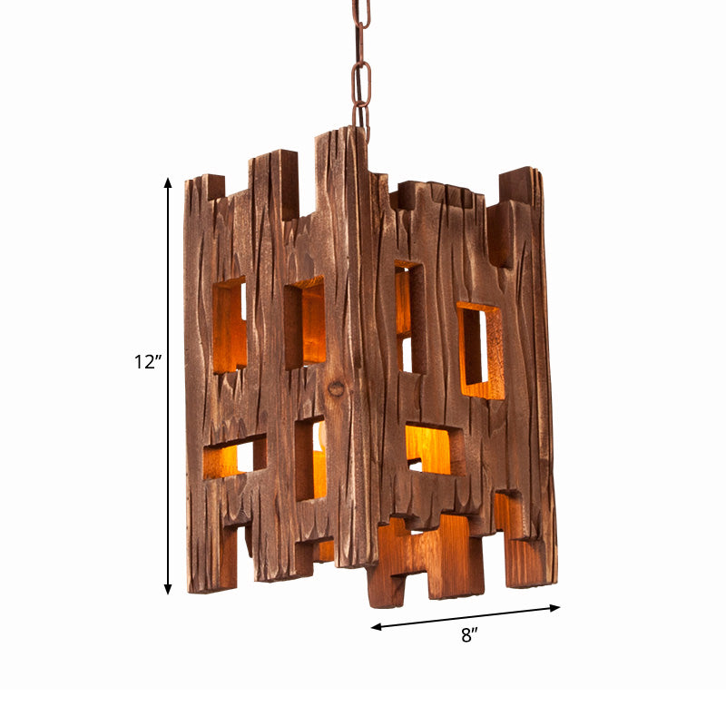 Country Style Wooden Pendant Lamp with Adjustable Chain - Brown, Rectangular Design - 1 Bulb Hanging Light Fixture