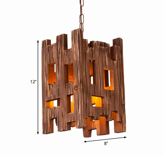 Country Style Wooden Pendant Lamp with Adjustable Chain - Brown, Rectangular Design - 1 Bulb Hanging Light Fixture