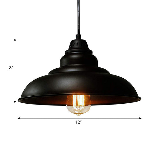 Bowl Suspension Pendant Light in Black - Industrial Style Metal, 1 Light for Dining Room