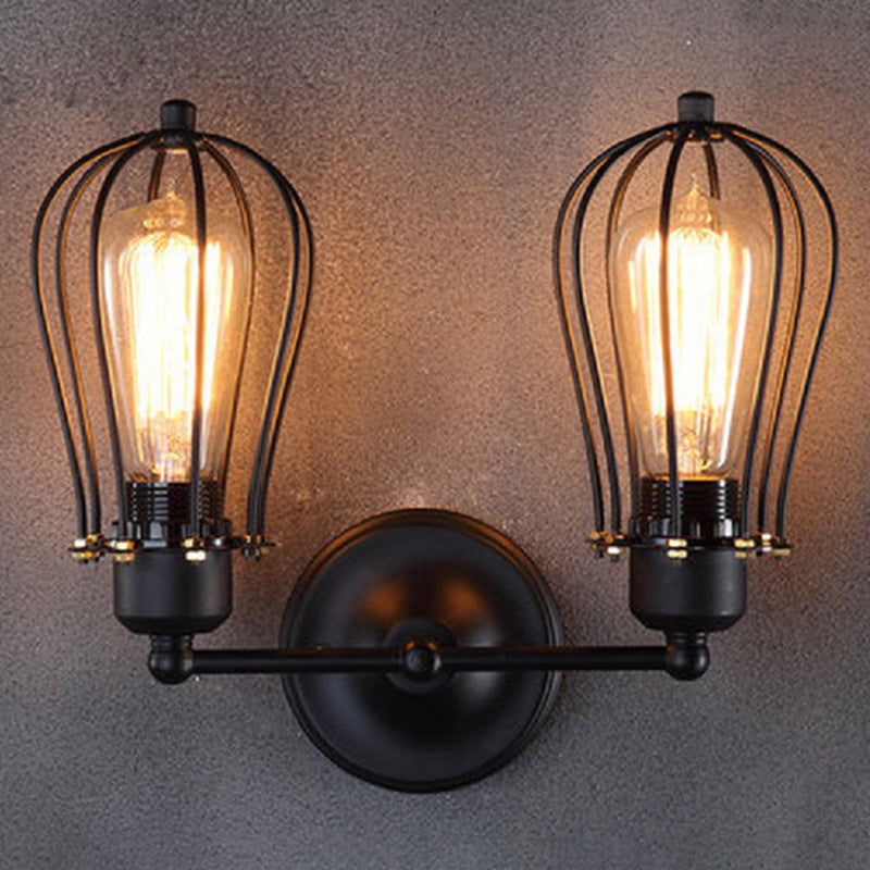 Metal Cage Vanity Lights - Industrial Wall Mounted 2 Head Over Mirror Design