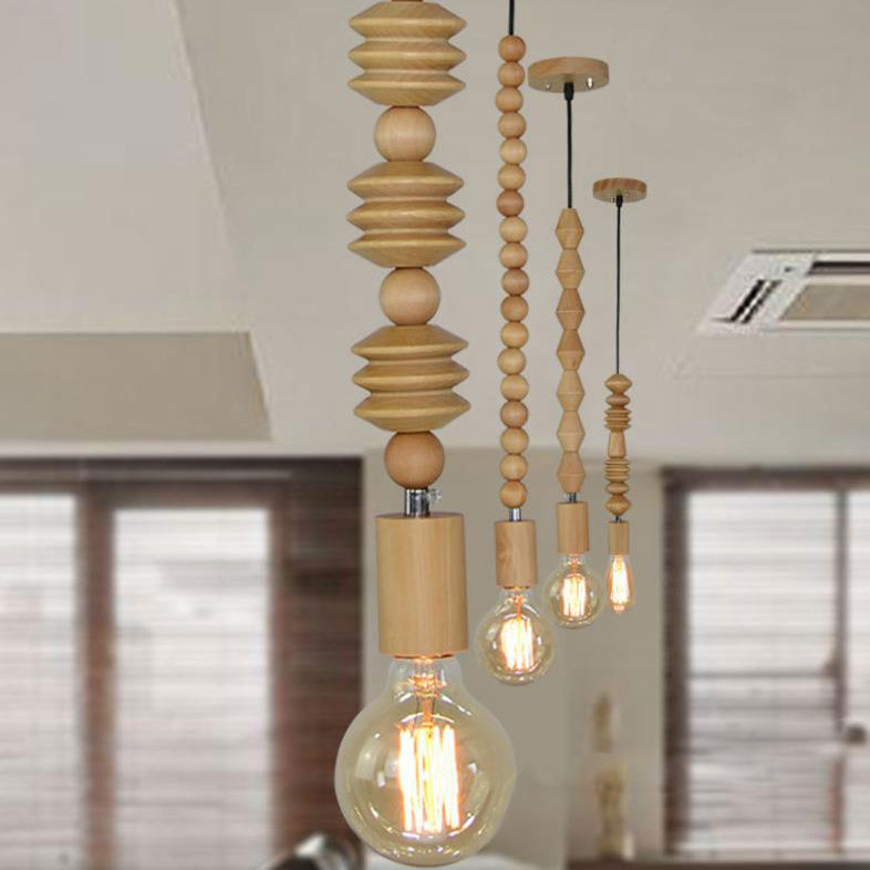 Spherical Bead Wood Hanging Lamp - Lodge Style Bedside Pendant Light with Bare Bulb - 12.5"/14" Height