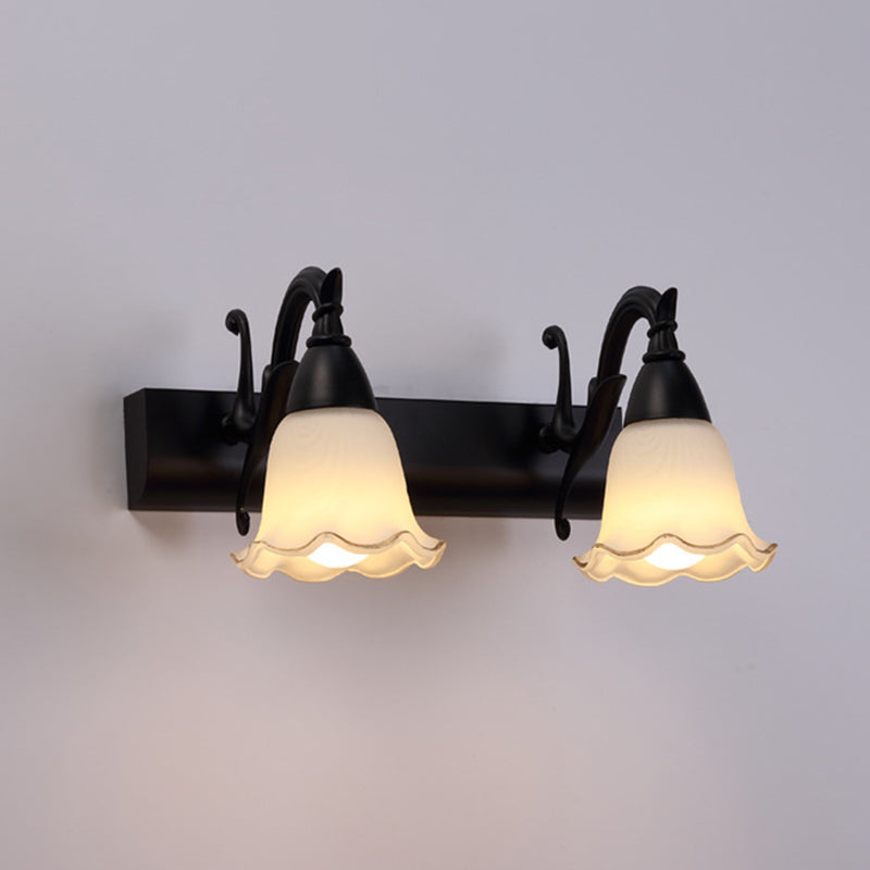 American Waterproof Bathroom Light Fixture With White Glass Shade - 2 Lights / Matte Black