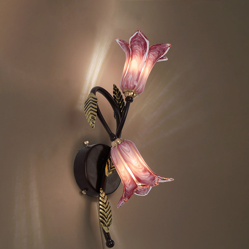 Wall Mounted Flower Lamp - 2-Light Vanity Sconce In Idyllic Style For Bathrooms Purple