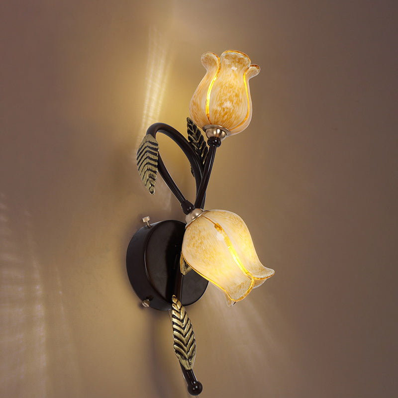 Wall Mounted Flower Lamp - 2-Light Vanity Sconce In Idyllic Style For Bathrooms Yellow