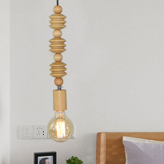 Spherical Bead Wood Hanging Lamp - Lodge Style Bedside Pendant Light with Bare Bulb - 12.5"/14" Height