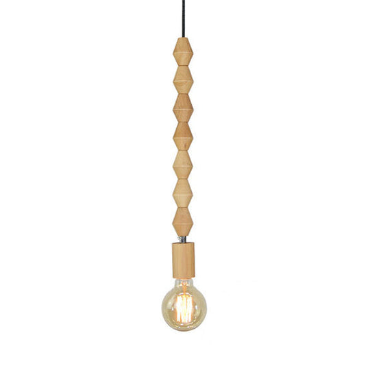 Spherical Bead Wood Hanging Lamp - Lodge Style Bedside Pendant Light with Bare Bulb - 12.5"/14" Height