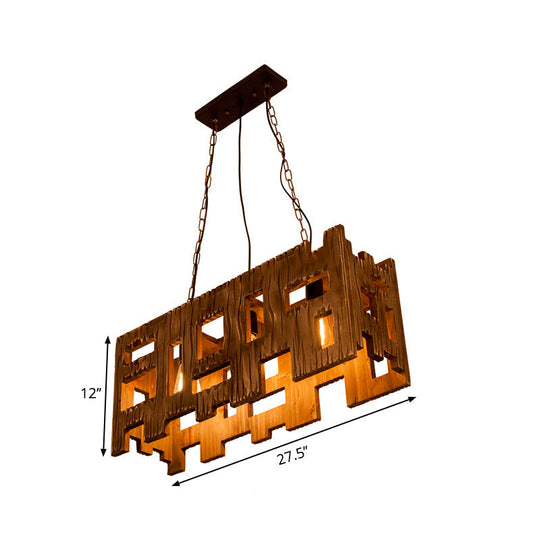 Wooden Rectangle Restaurant Island Chandelier Pendant With Hollow Out Design - Brown 2/3 Bulbs