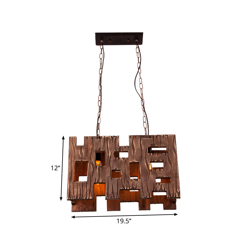 Wooden Rectangle Restaurant Island Chandelier Pendant With Hollow Out Design - Brown 2/3 Bulbs