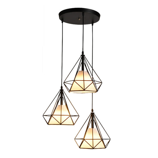 Diamond Cage Pendant With 3 Lights - Industrial Iron Ceiling For Bar Using Hanging Cord