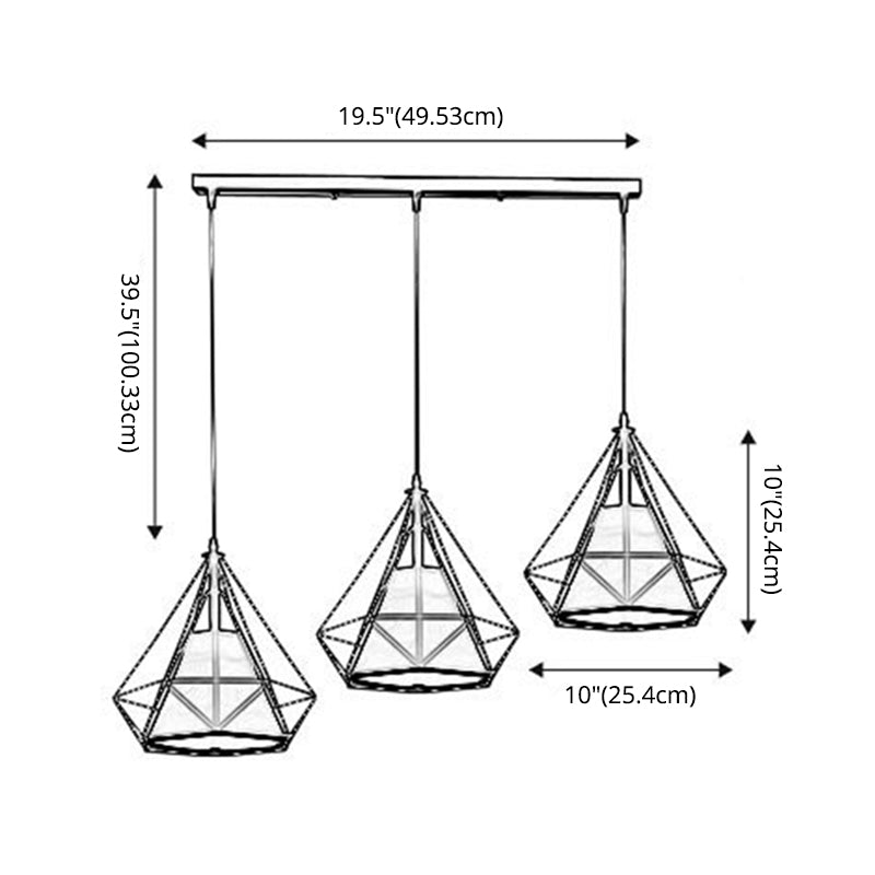 Diamond Cage Pendant With 3 Lights - Industrial Iron Ceiling For Bar Using Hanging Cord