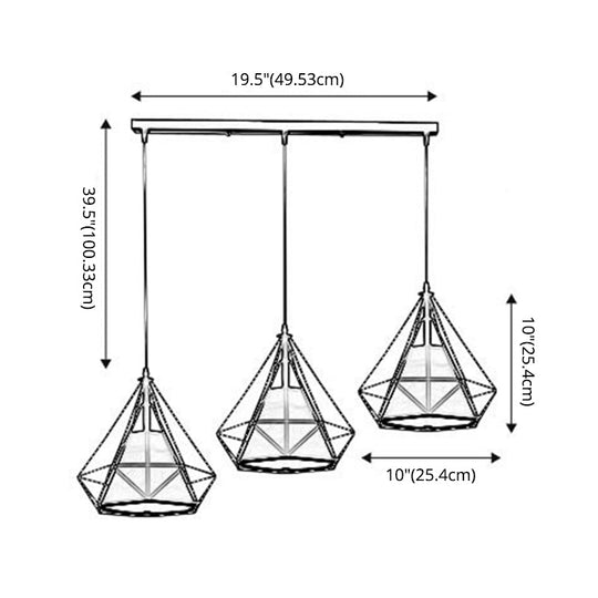 Diamond Cage Pendant With 3 Lights - Industrial Iron Ceiling For Bar Using Hanging Cord