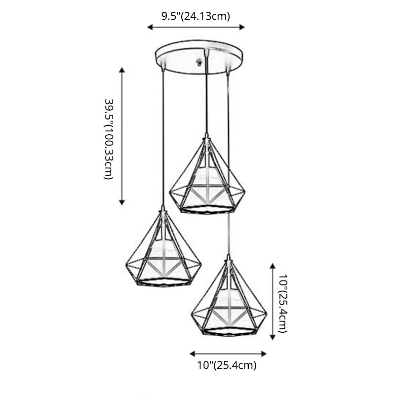 Diamond Cage Pendant With 3 Lights - Industrial Iron Ceiling For Bar Using Hanging Cord