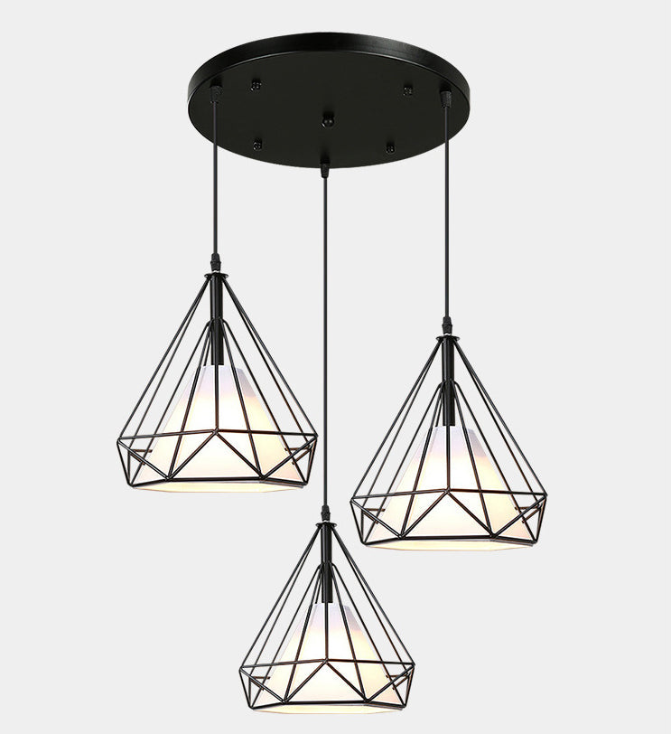 Diamond Cage Pendant With 3 Lights - Industrial Iron Ceiling For Bar Using Hanging Cord