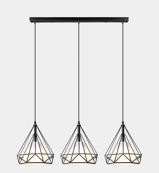 Diamond Cage Pendant With 3 Lights - Industrial Iron Ceiling For Bar Using Hanging Cord