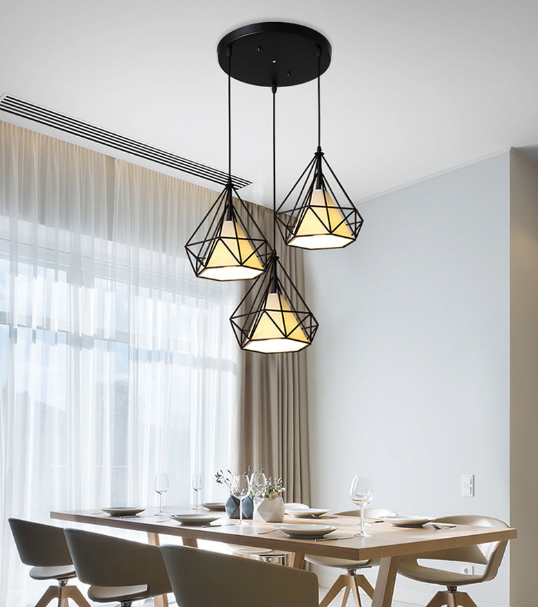 Diamond Cage Pendant With 3 Lights - Industrial Iron Ceiling For Bar Using Hanging Cord