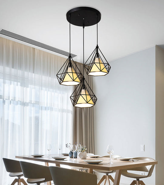 Diamond Cage Pendant With 3 Lights - Industrial Iron Ceiling For Bar Using Hanging Cord