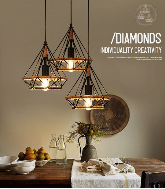 Diamond Cage Hanging Pendant Light: Creative Industrial Metal Fixture For Restaurants - 1 Light