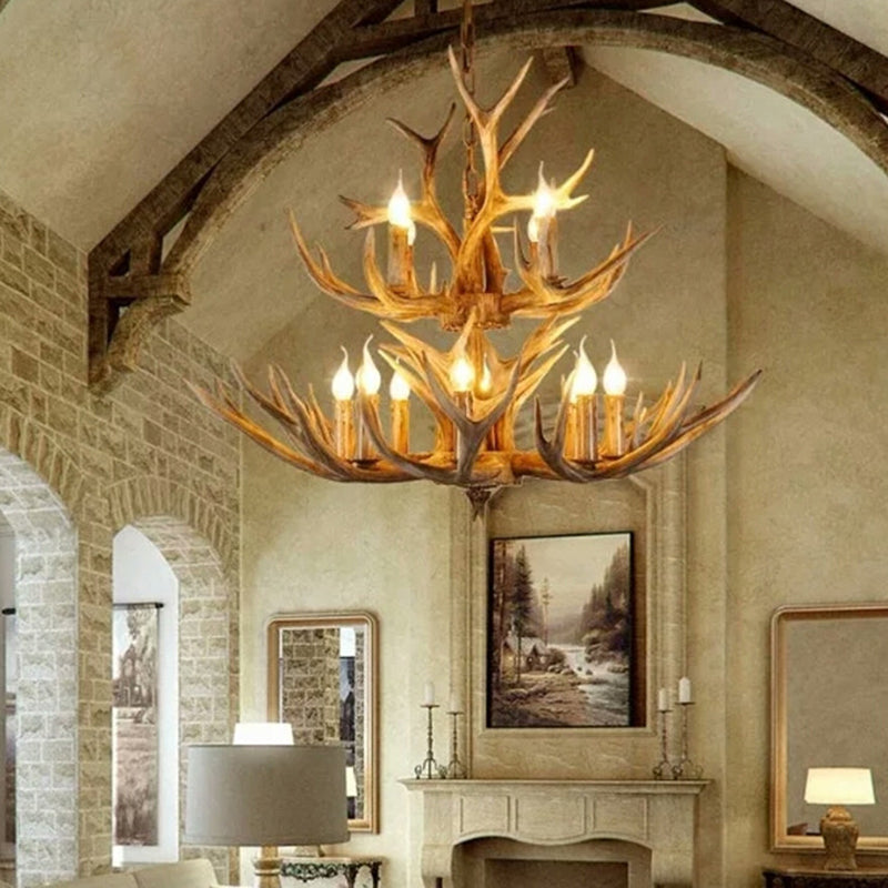 Rustic Resin Wood Finish Antler Chandelier - Living Room Ceiling Suspension Lamp