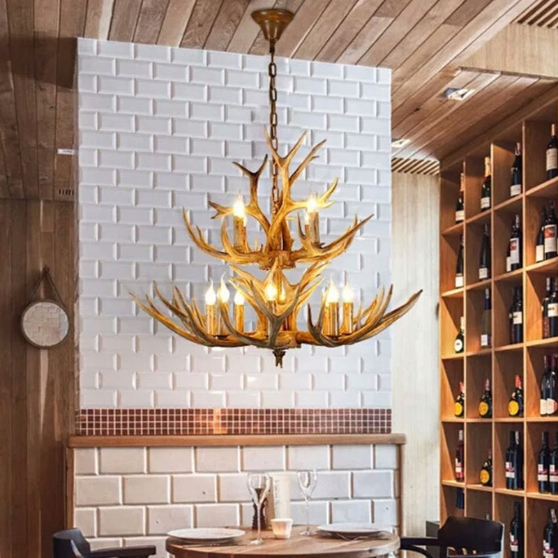 Rustic Resin Wood Finish Antler Chandelier - Living Room Ceiling Suspension Lamp