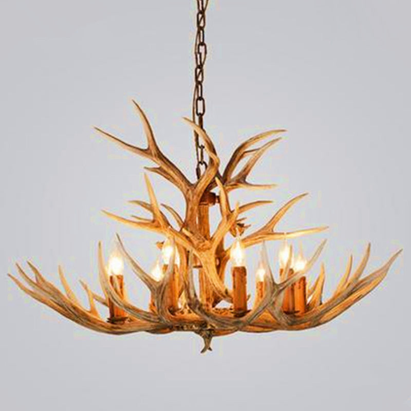 Rustic Resin Wood Finish Antler Chandelier - Living Room Ceiling Suspension Lamp 9 /