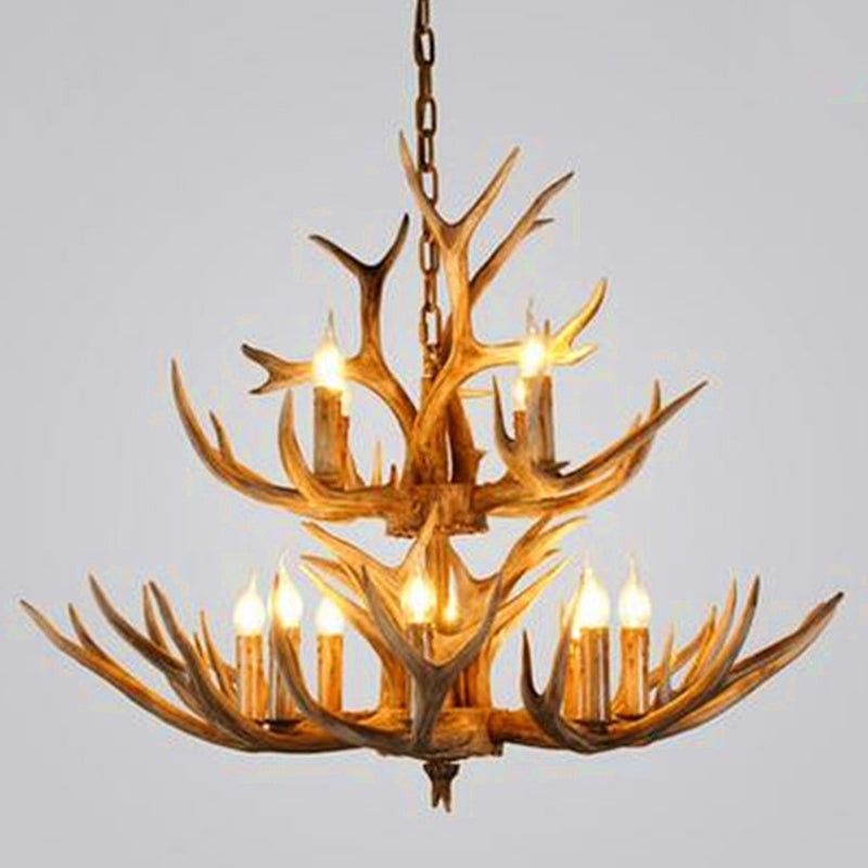 Rustic Resin Wood Finish Antler Chandelier - Living Room Ceiling Suspension Lamp 12 /