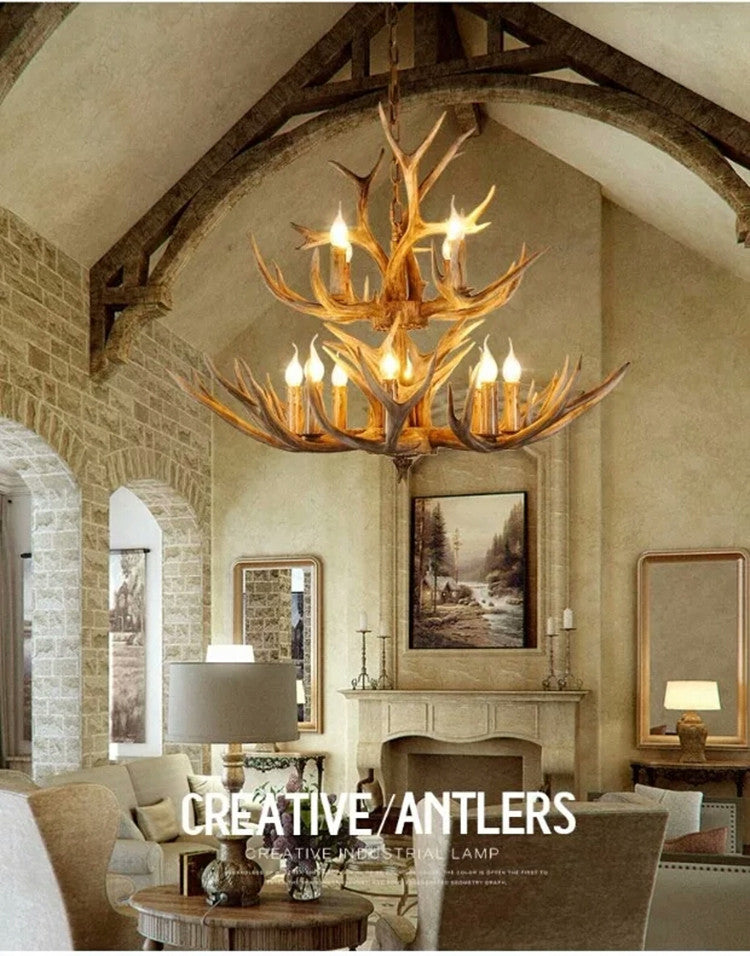 Rustic Resin Wood Finish Antler Chandelier - Living Room Ceiling Suspension Lamp