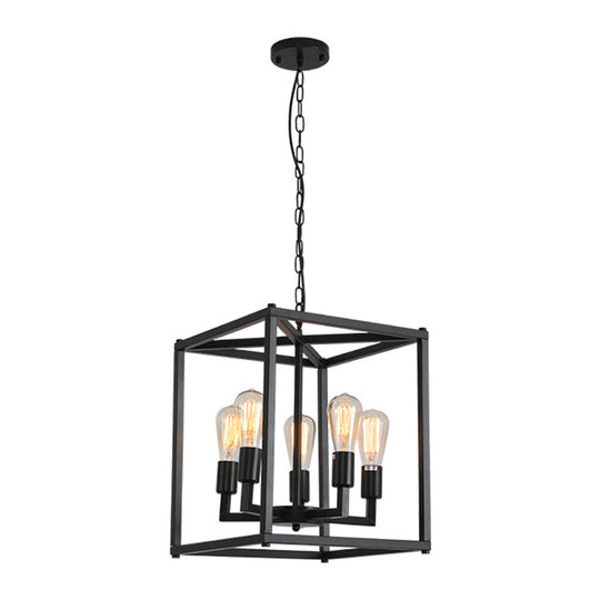 Black Industrial Retro Metal Diner Pendant Chandelier - Square Cage Hanging Lamp