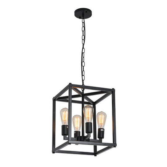 Black Industrial Retro Metal Diner Pendant Chandelier - Square Cage Hanging Lamp 4 /