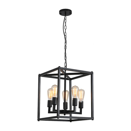 Black Industrial Retro Metal Diner Pendant Chandelier - Square Cage Hanging Lamp 5 /