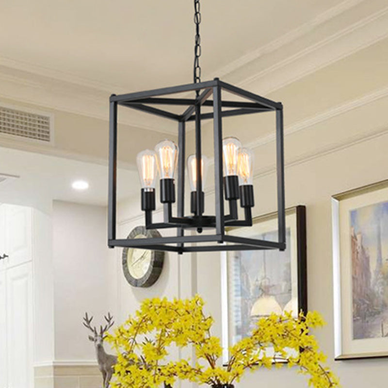 Black Industrial Retro Metal Diner Pendant Chandelier - Square Cage Hanging Lamp