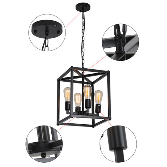 Black Industrial Retro Metal Diner Pendant Chandelier - Square Cage Hanging Lamp