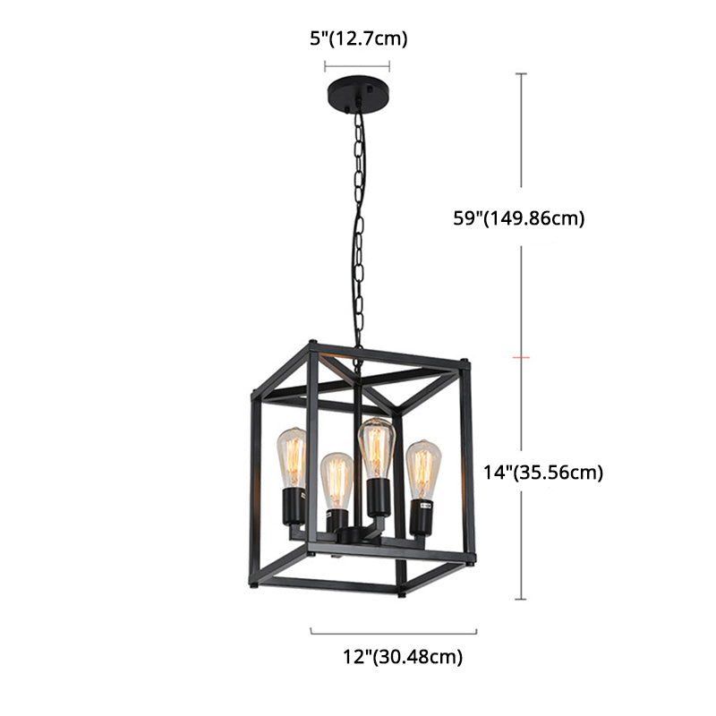 Black Industrial Retro Metal Diner Pendant Chandelier - Square Cage Hanging Lamp