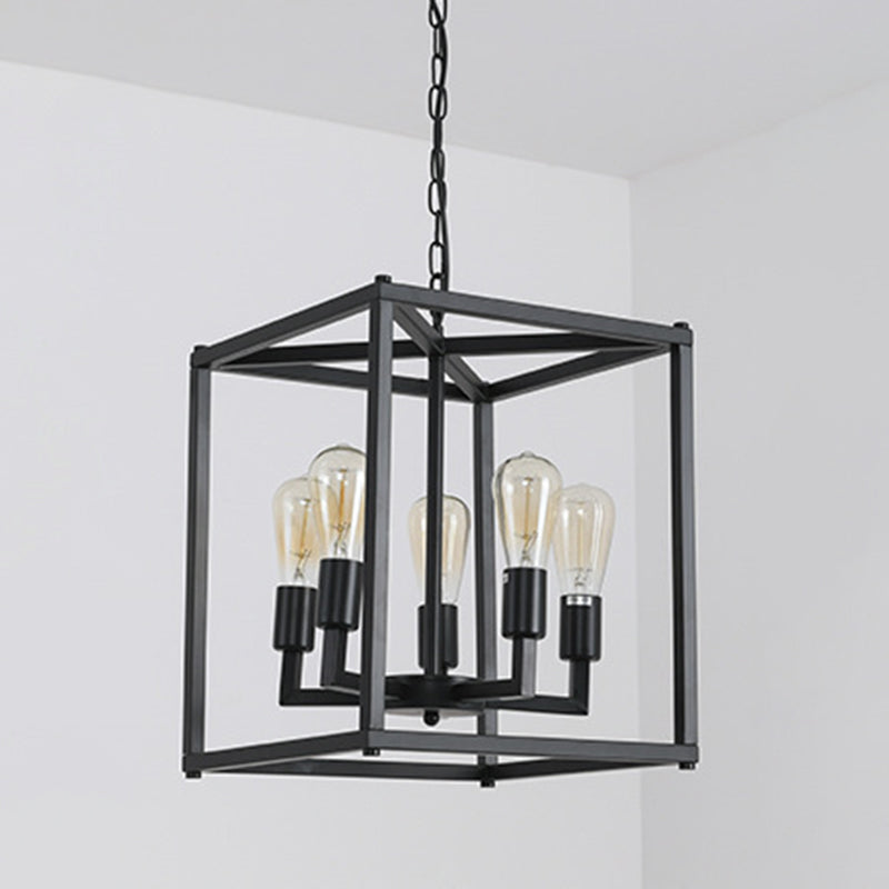 Black Industrial Retro Metal Diner Pendant Chandelier - Square Cage Hanging Lamp