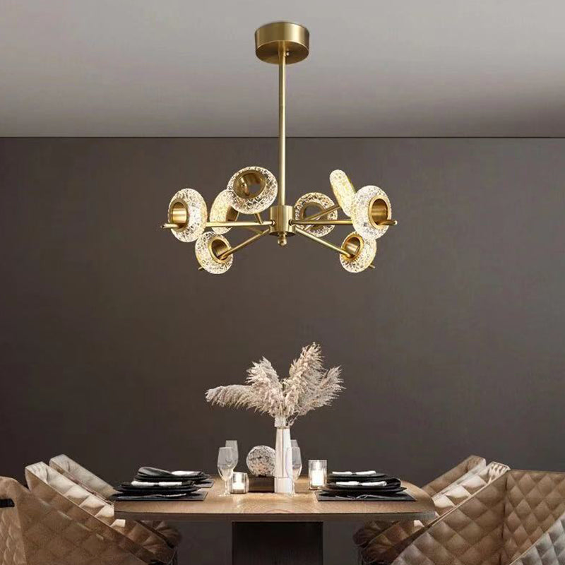 Crackled Crystal Glass Rings Pendant Chandelier With Postmodern Brass Finish - Perfect For A Diner