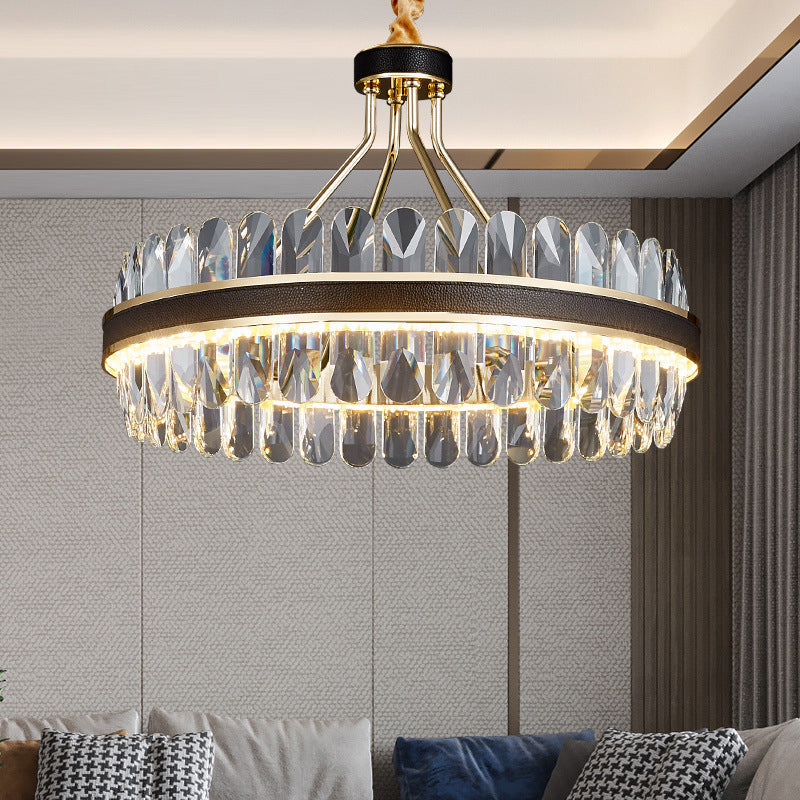 Minimalist Black-Gold Led Chandelier With Crystal Accents - Elegant Ceiling Pendant Light For Living