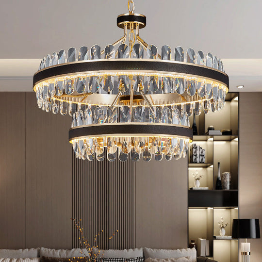 Minimalist Black-Gold Led Chandelier With Crystal Accents - Elegant Ceiling Pendant Light For Living