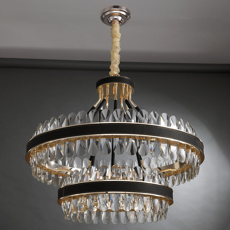 Minimalist Black-Gold Led Chandelier With Crystal Accents - Elegant Ceiling Pendant Light For Living