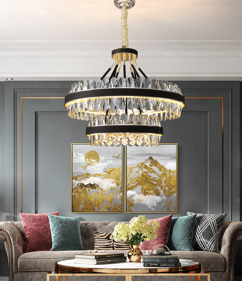 Minimalist Black-Gold Led Chandelier With Crystal Accents - Elegant Ceiling Pendant Light For Living